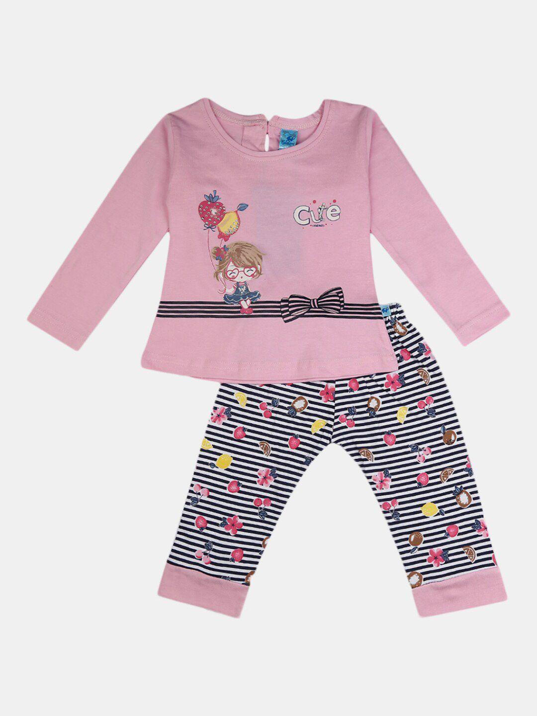 v-mart unisex kids pink & navy blue printed top with pyjamas