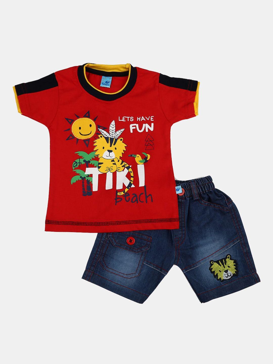 v-mart unisex kids red & mustard printed t-shirt with shorts