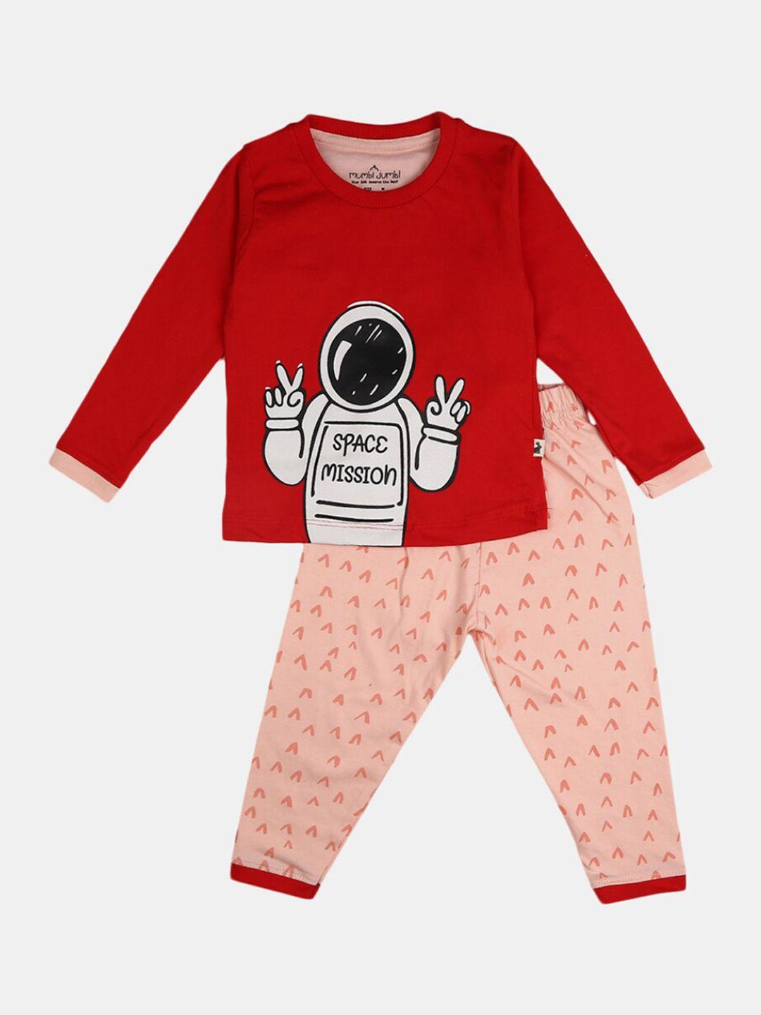 v-mart unisex kids red & peach-coloured printed pure cotton t-shirt with trousers