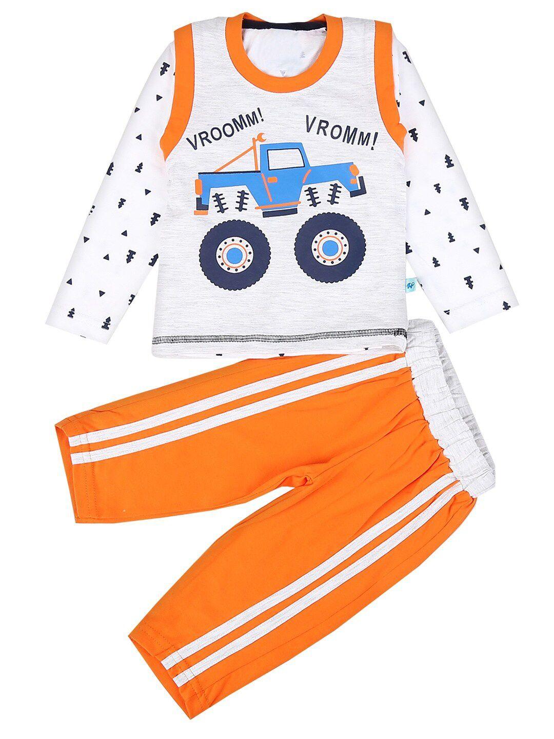 v-mart unisex kids white & orange printed t-shirt with pyjamas