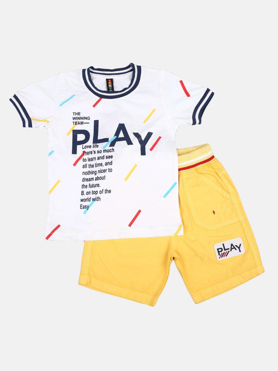 v-mart unisex kids white & yellow printed t-shirt with shorts