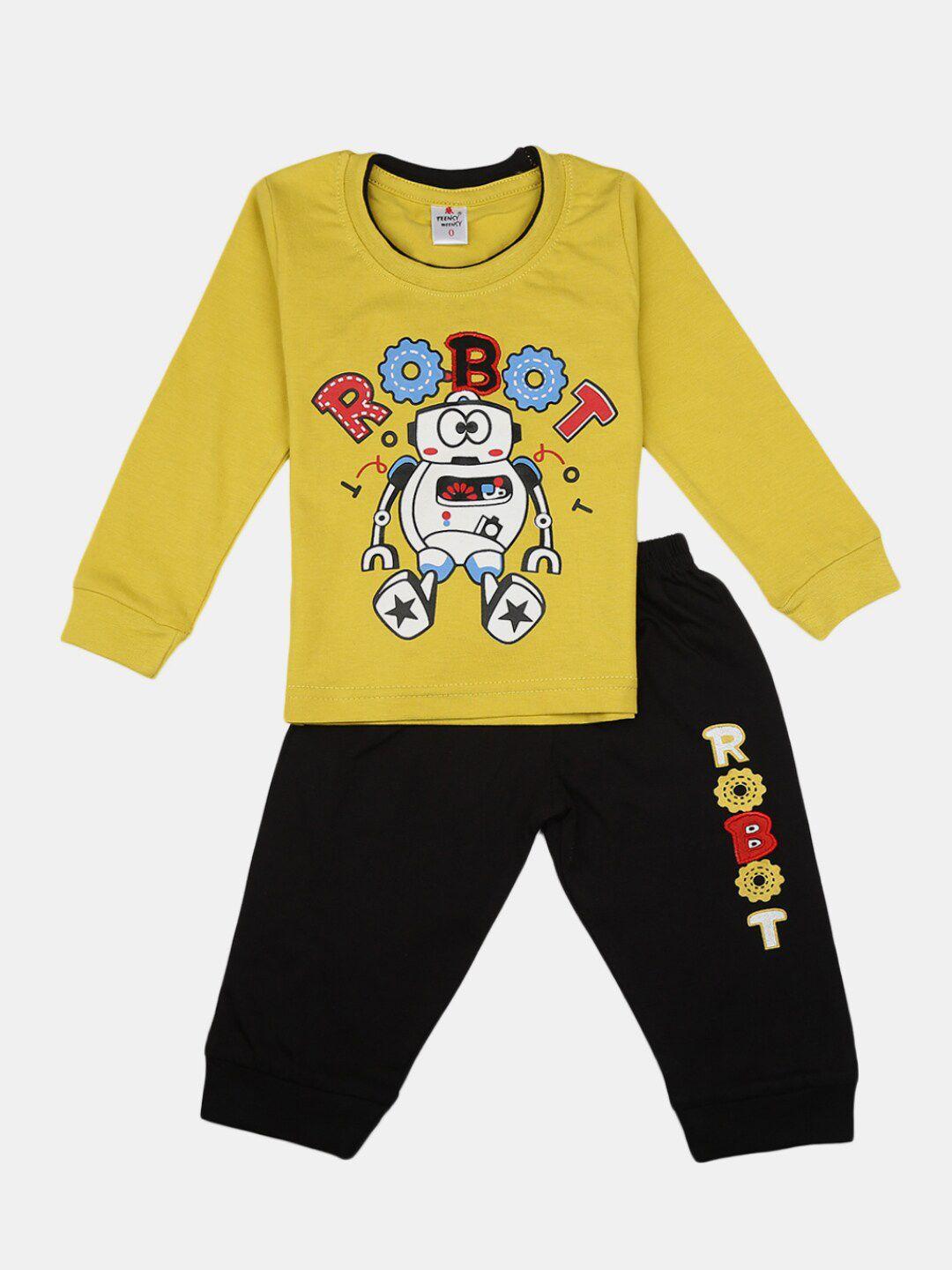 v-mart unisex kids yellow & black cotton printed t-shirt with pyjamas