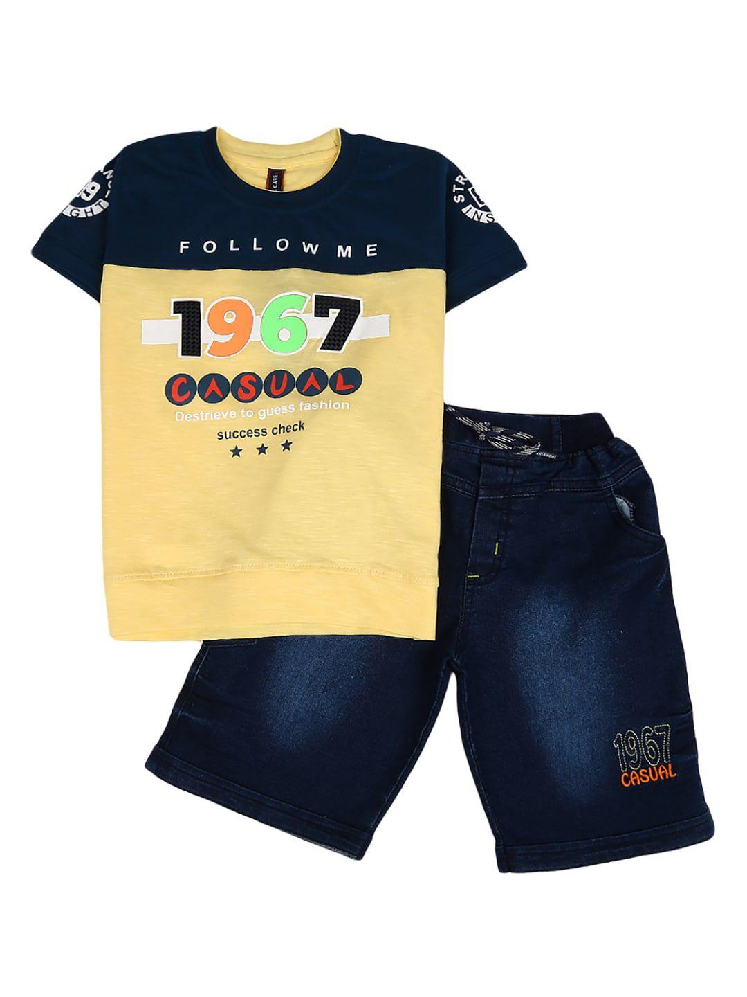 v-mart unisex kids yellow & navy blue printed t-shirt with shorts