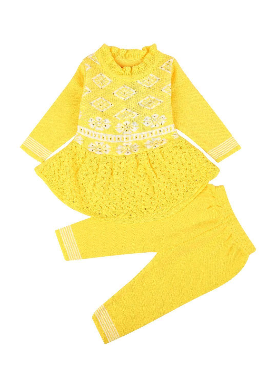 v-mart unisex kids yellow & white self design top with trousers