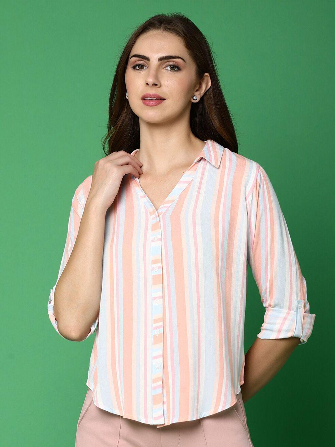 v-mart vertical striped spread collar roll up sleeves cotton casual shirt