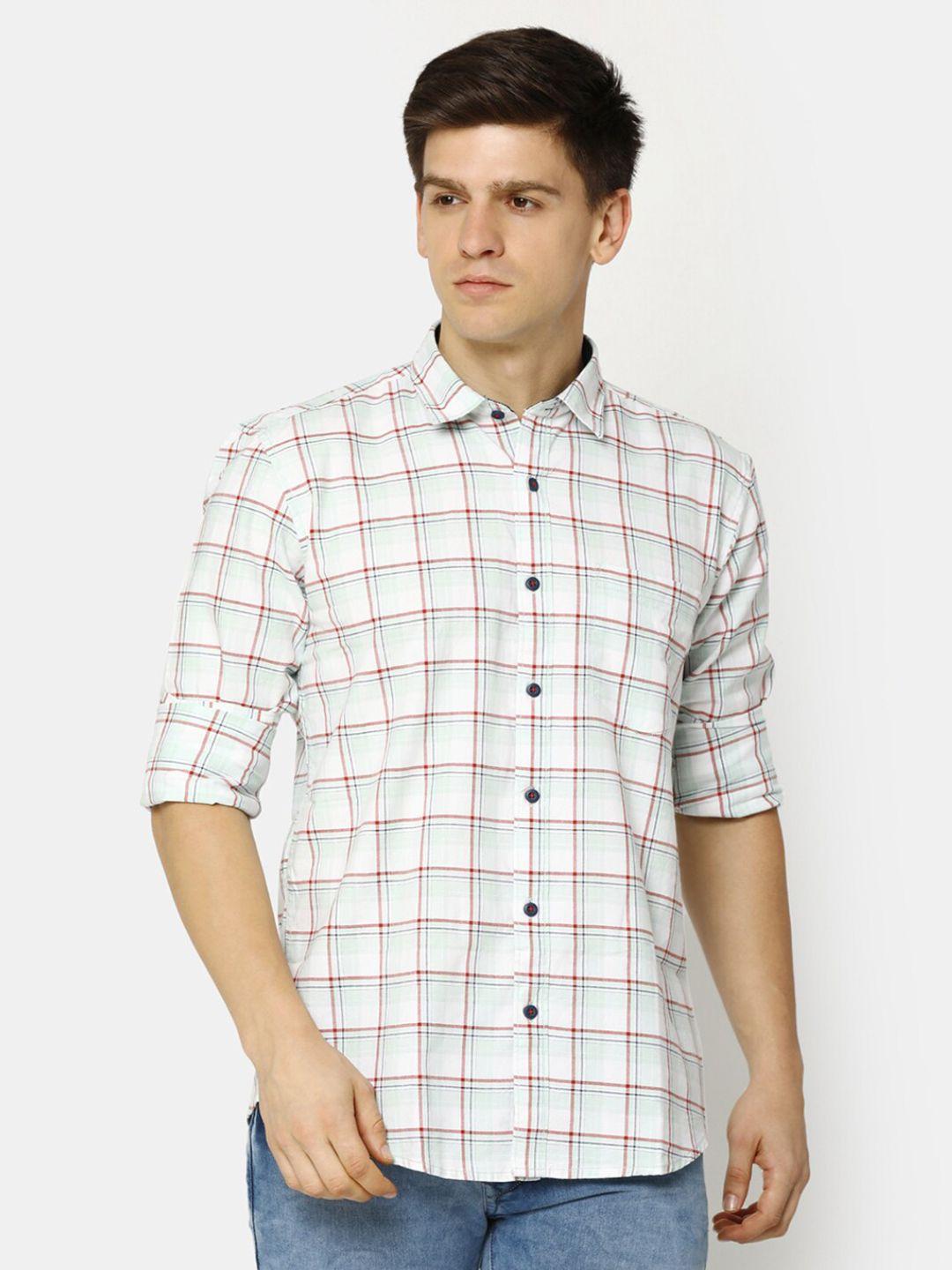 v-mart windowpane  checked printed spread collar long sleeve pocket cotton casual shirt