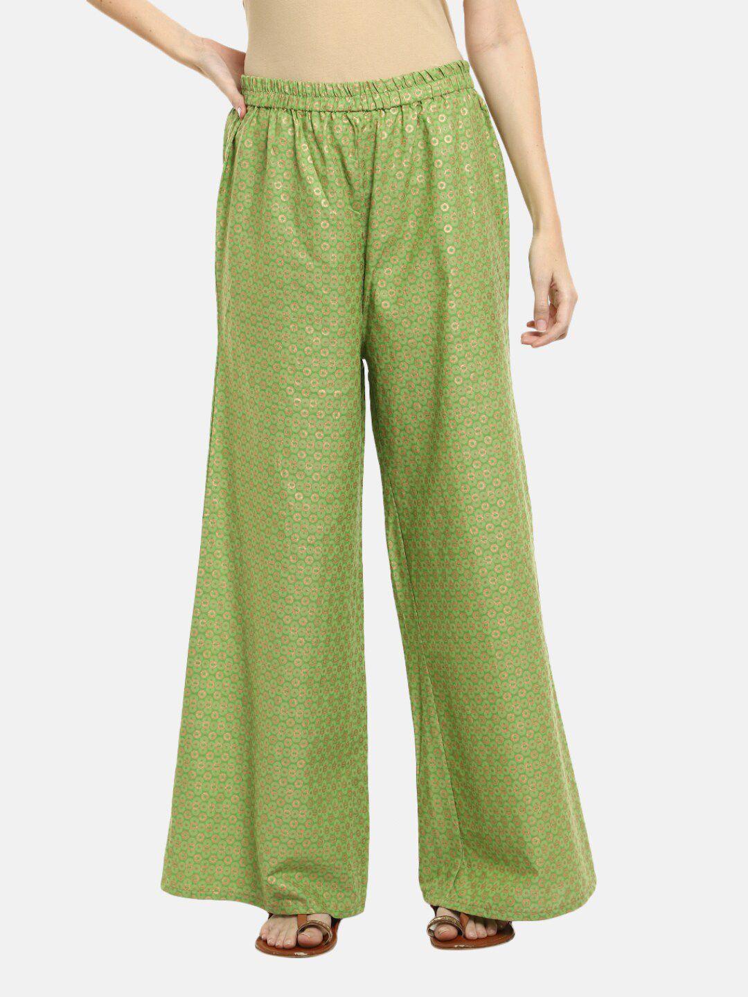 v-mart women  green printed cotton flared palazzos