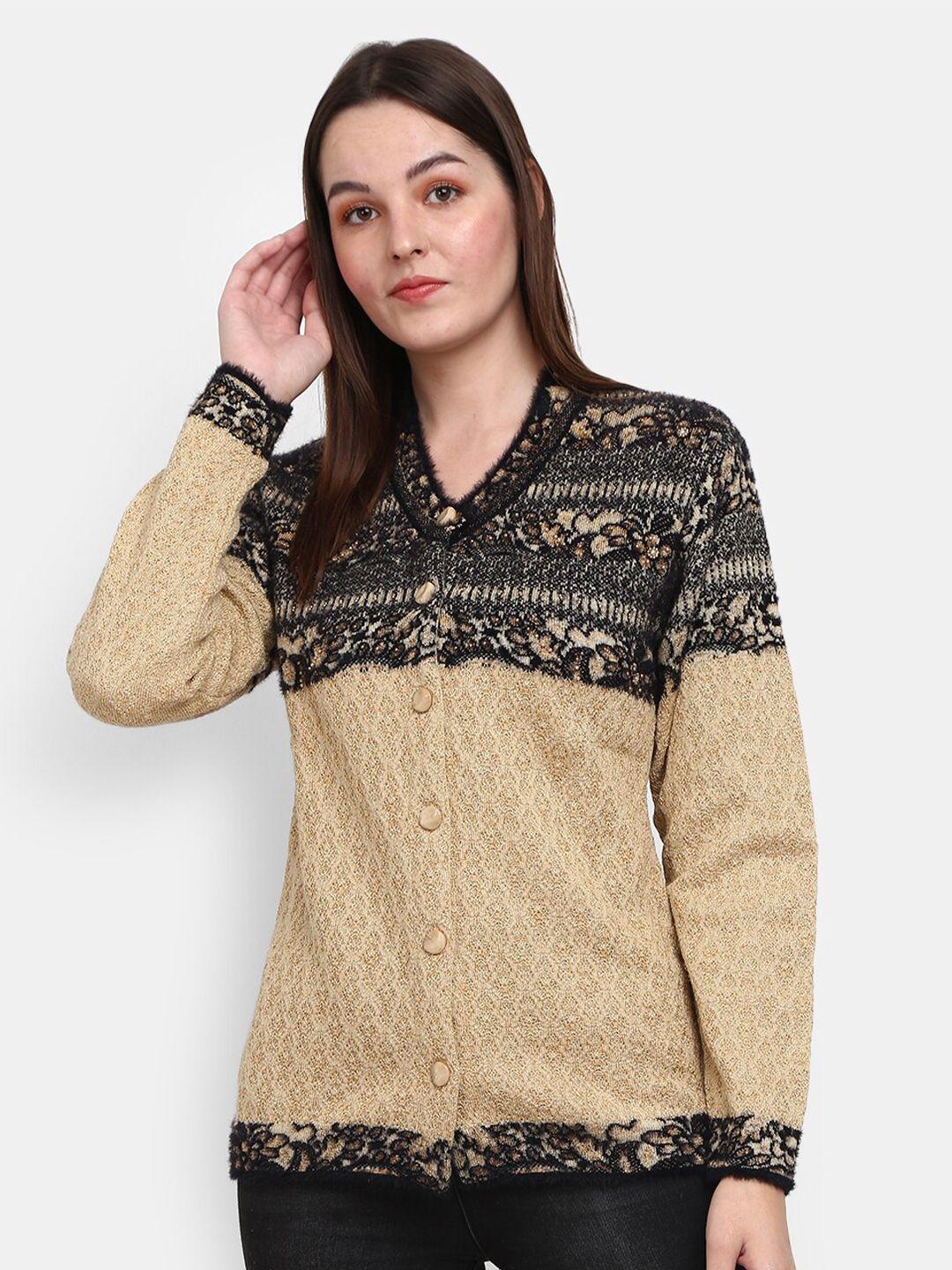 v-mart women beige floral cotton cardigan with fuzzy detail