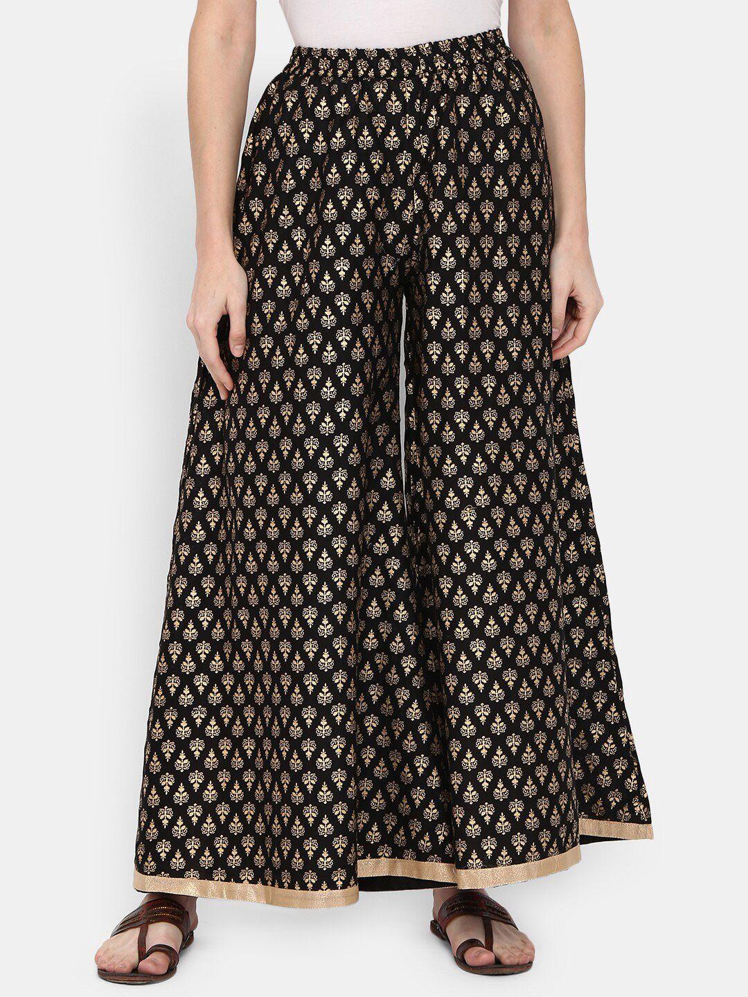 v-mart women black & gold-toned ethnic motifs printed flared palazzo