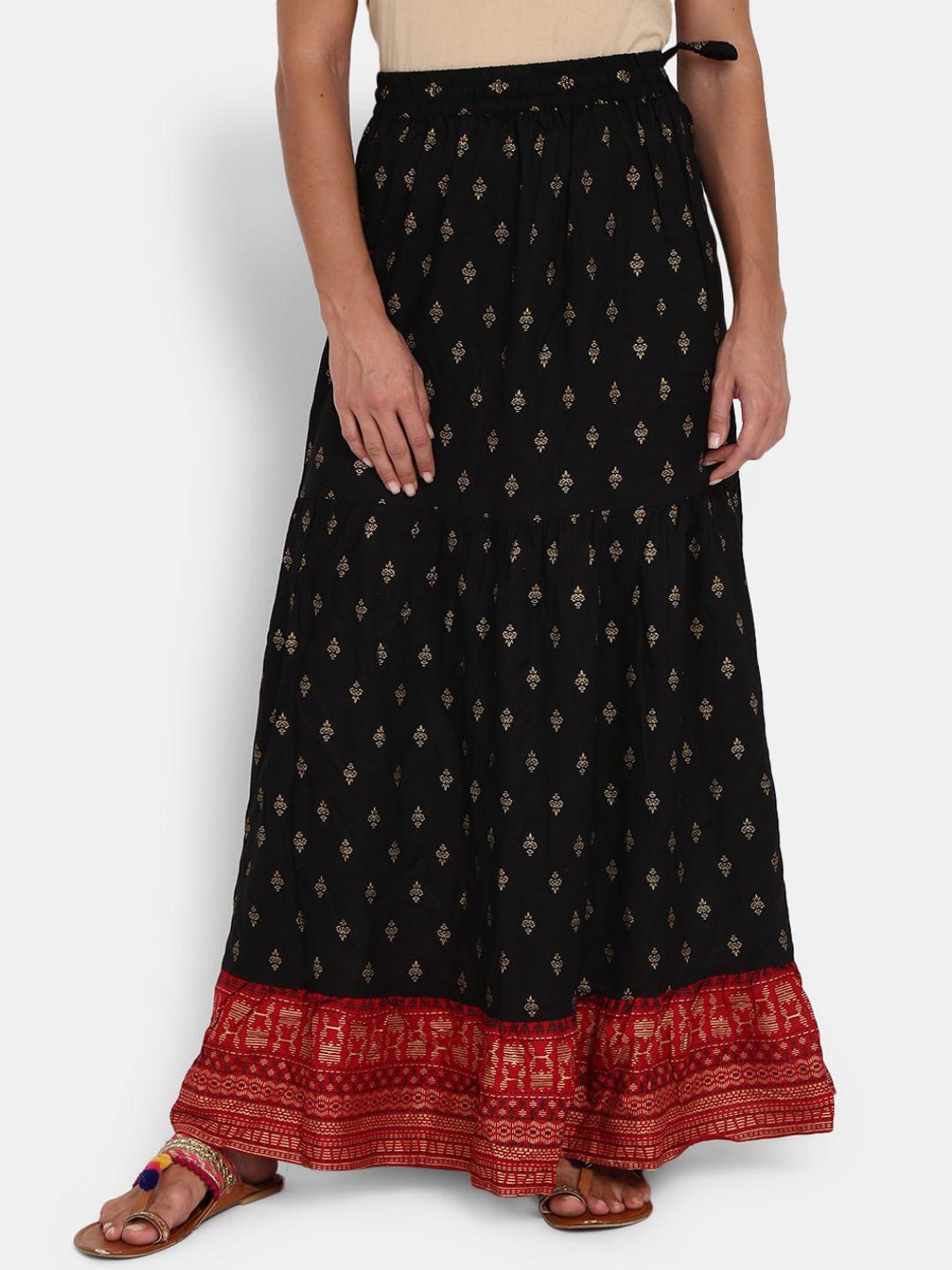 v-mart women black & red ethnic printed maxi straight skirts