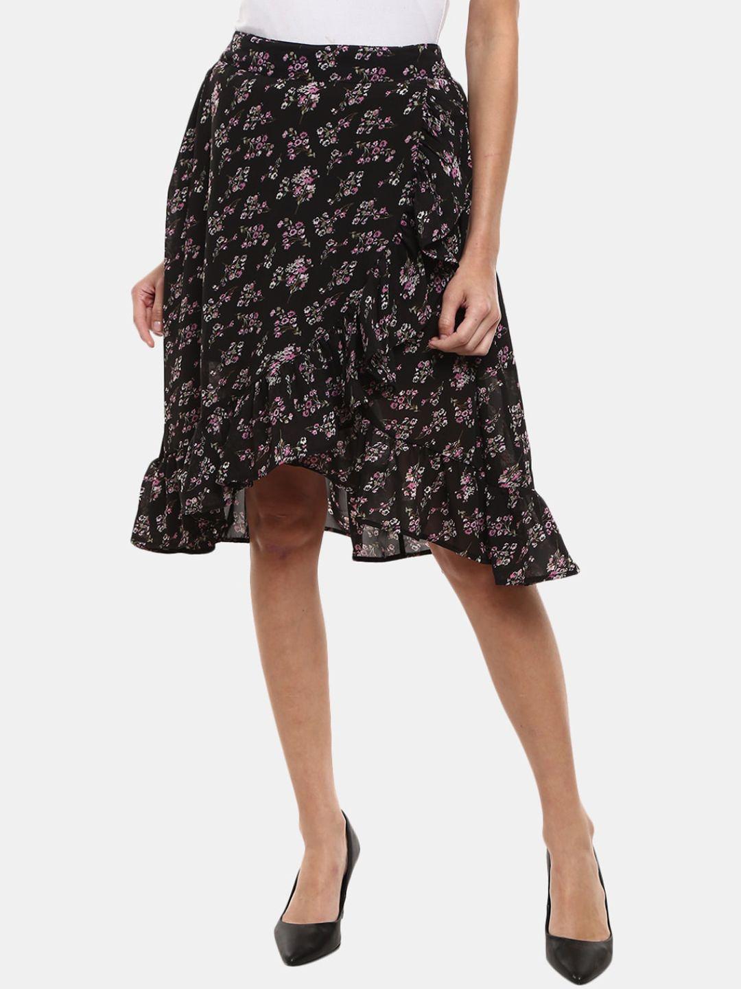 v-mart women black floral printed straight above-knee skirts