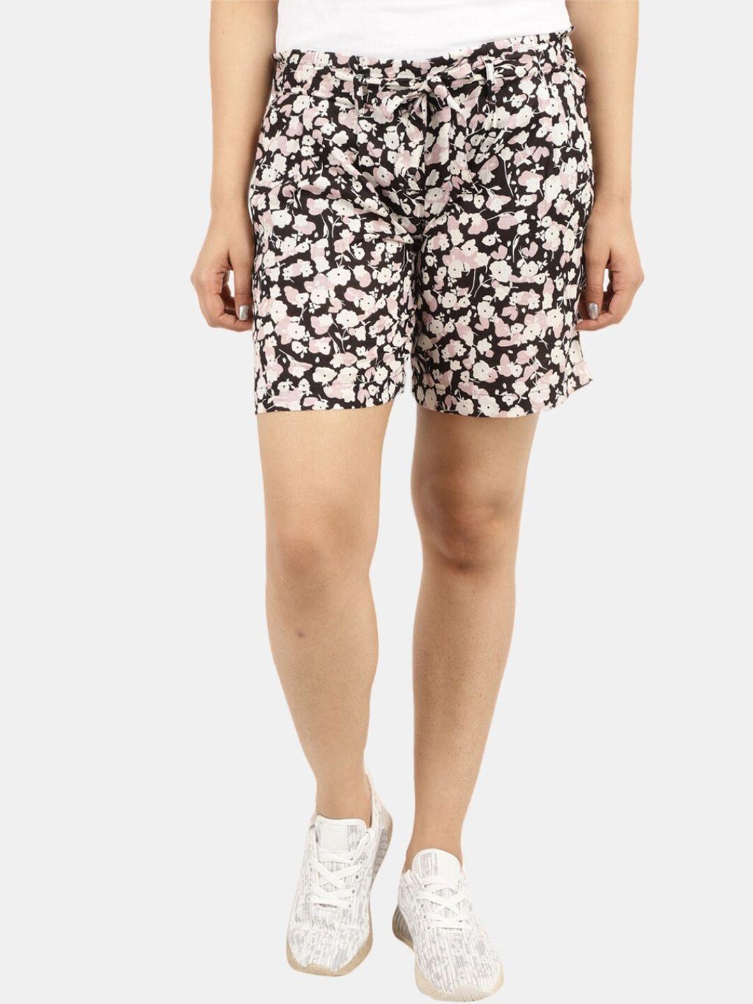 v-mart women black regular fit floral printed shorts