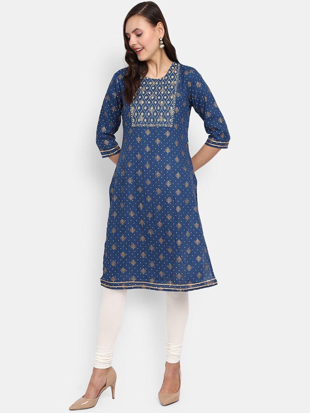 v-mart women blue ethnic motifs printed  round neck kurta