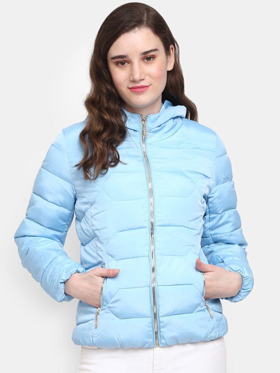 v-mart women blue solid lightweight outdoor puffer jacket