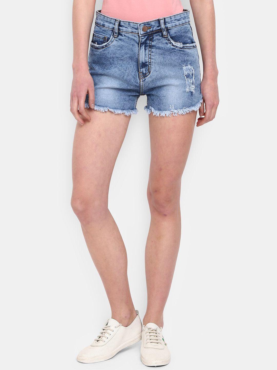 v-mart women blue solid washed outdoor denim shorts