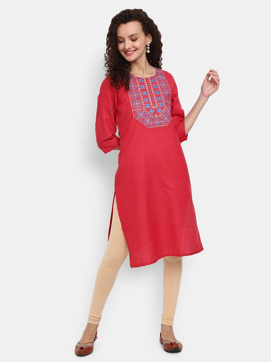 v-mart women coral ethnic motifs embroidered  cotton round neck  kurta