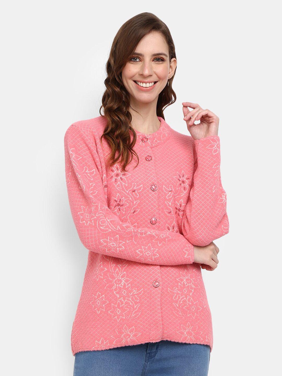 v-mart women coral floral printed woolen cardigan