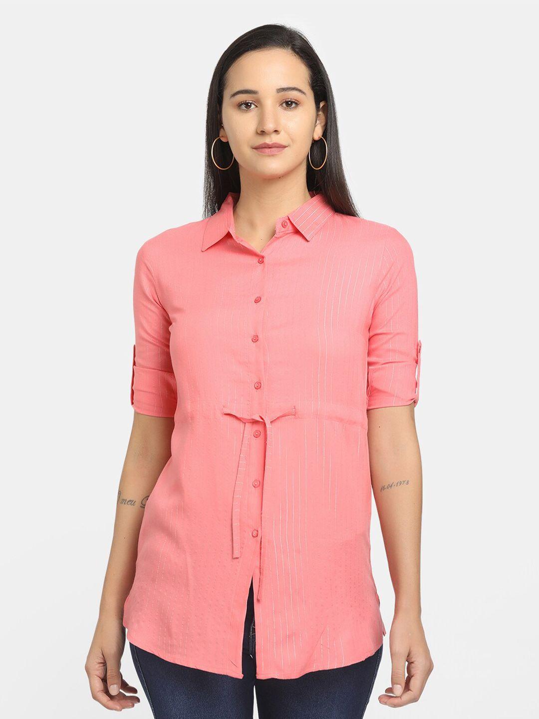 v-mart women coral regular fit classic striped casual shirt