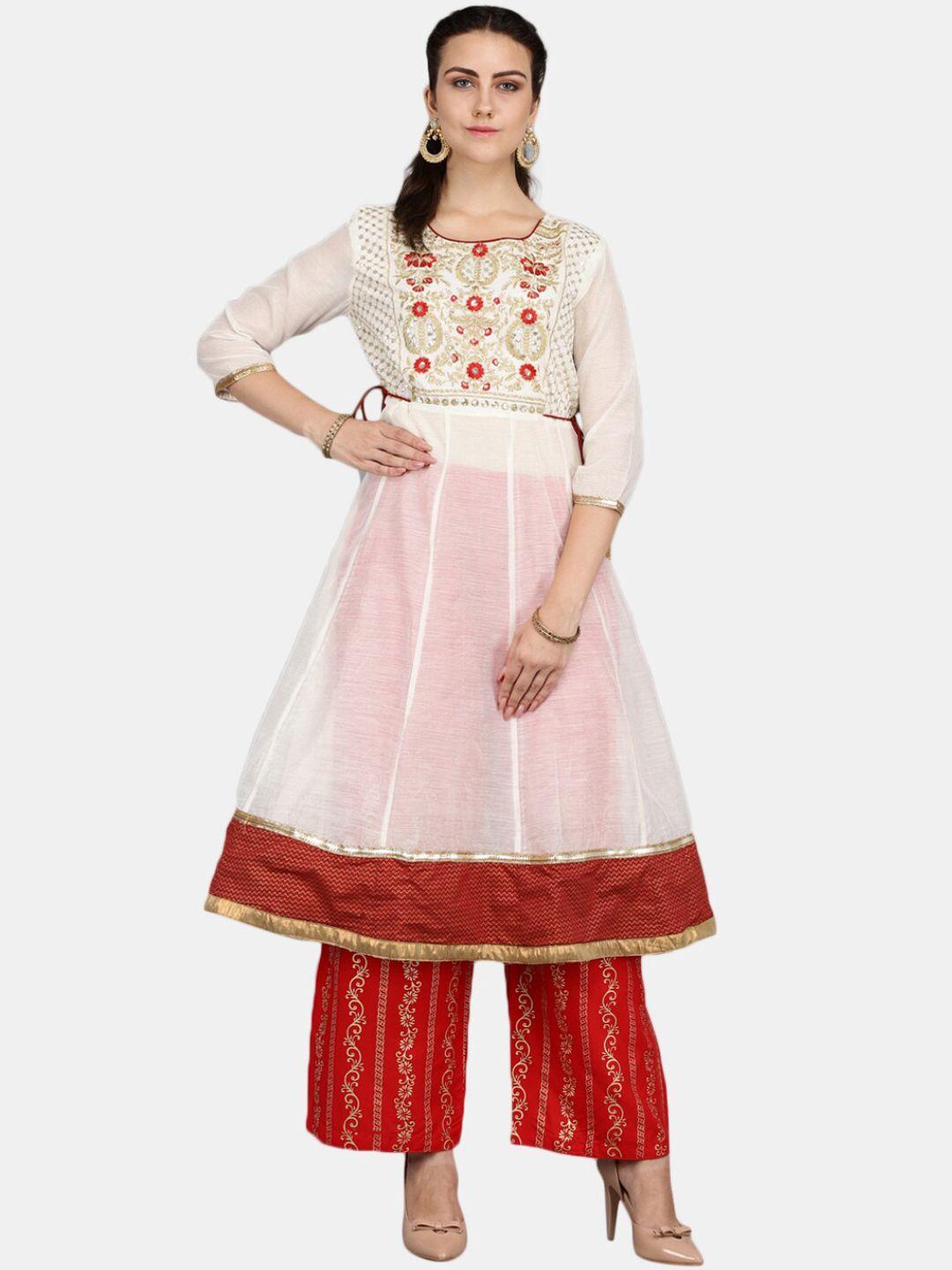 v-mart women cream-coloured & red floral embroidered thread work kurta