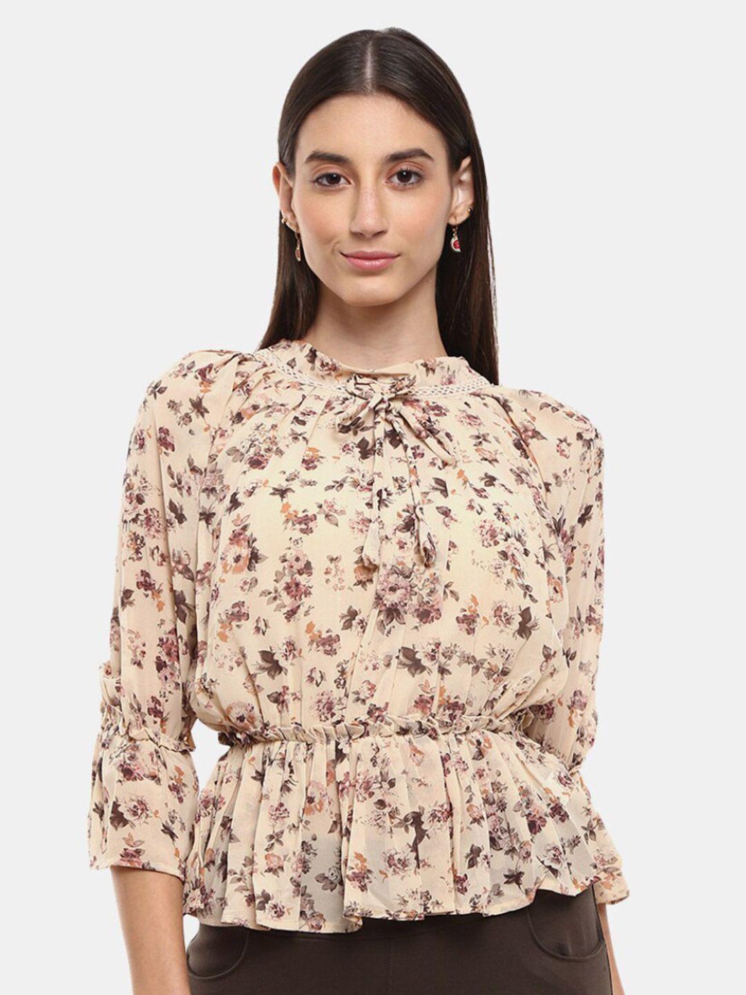 v-mart women cream-coloured floral print cinched waist top