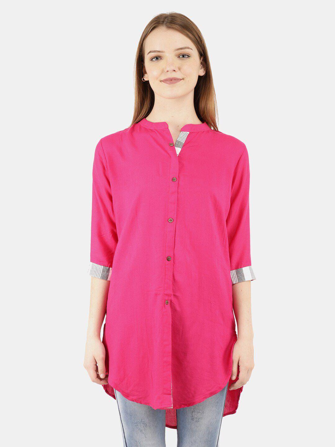 v-mart women fuchsia mandarin collar shirt style top with high-low hemline