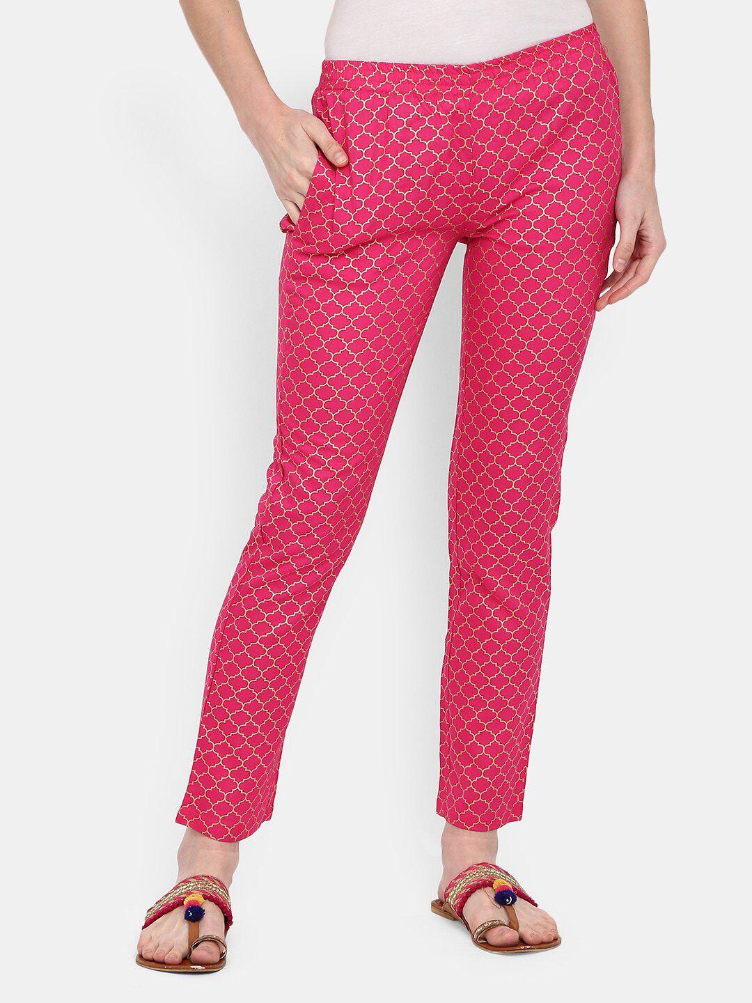 v-mart women fuchsia printed slim fit trousers