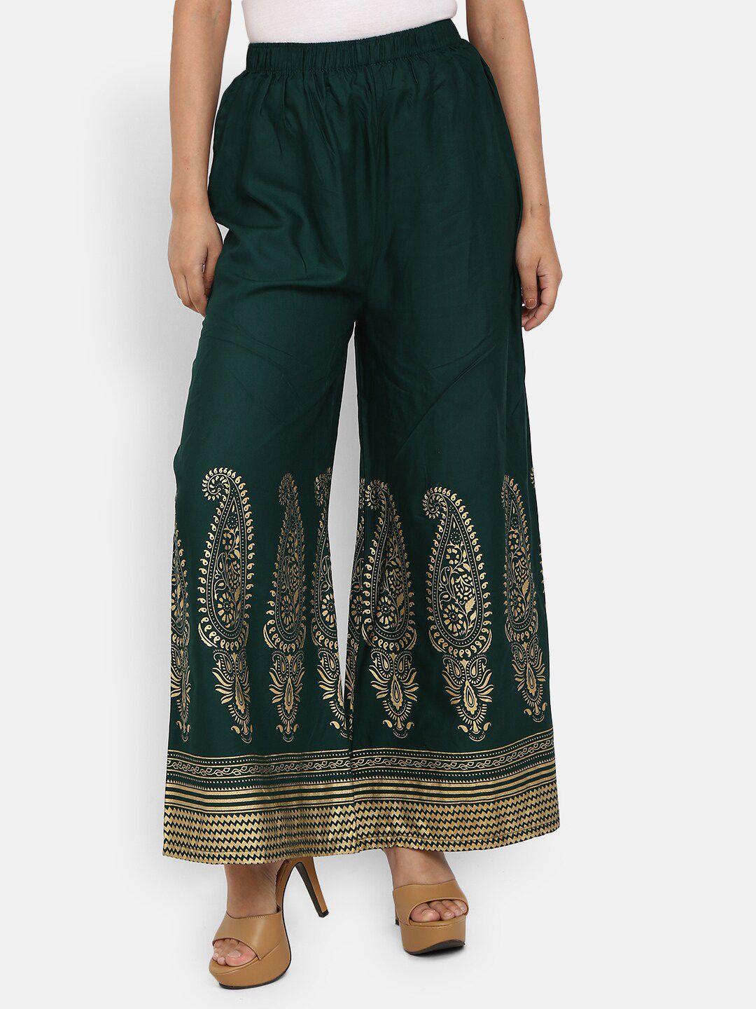 v-mart women green & gold-toned paisley printed flared ethnic palazzos