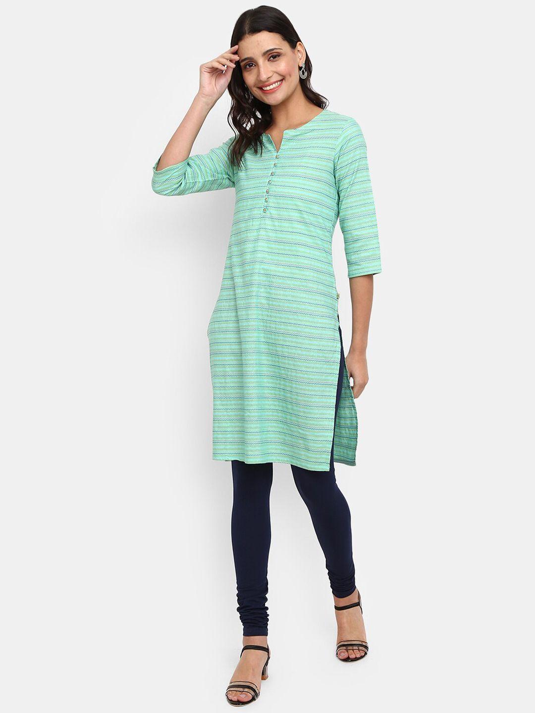 v-mart women green embroidered cotton round neck kurta