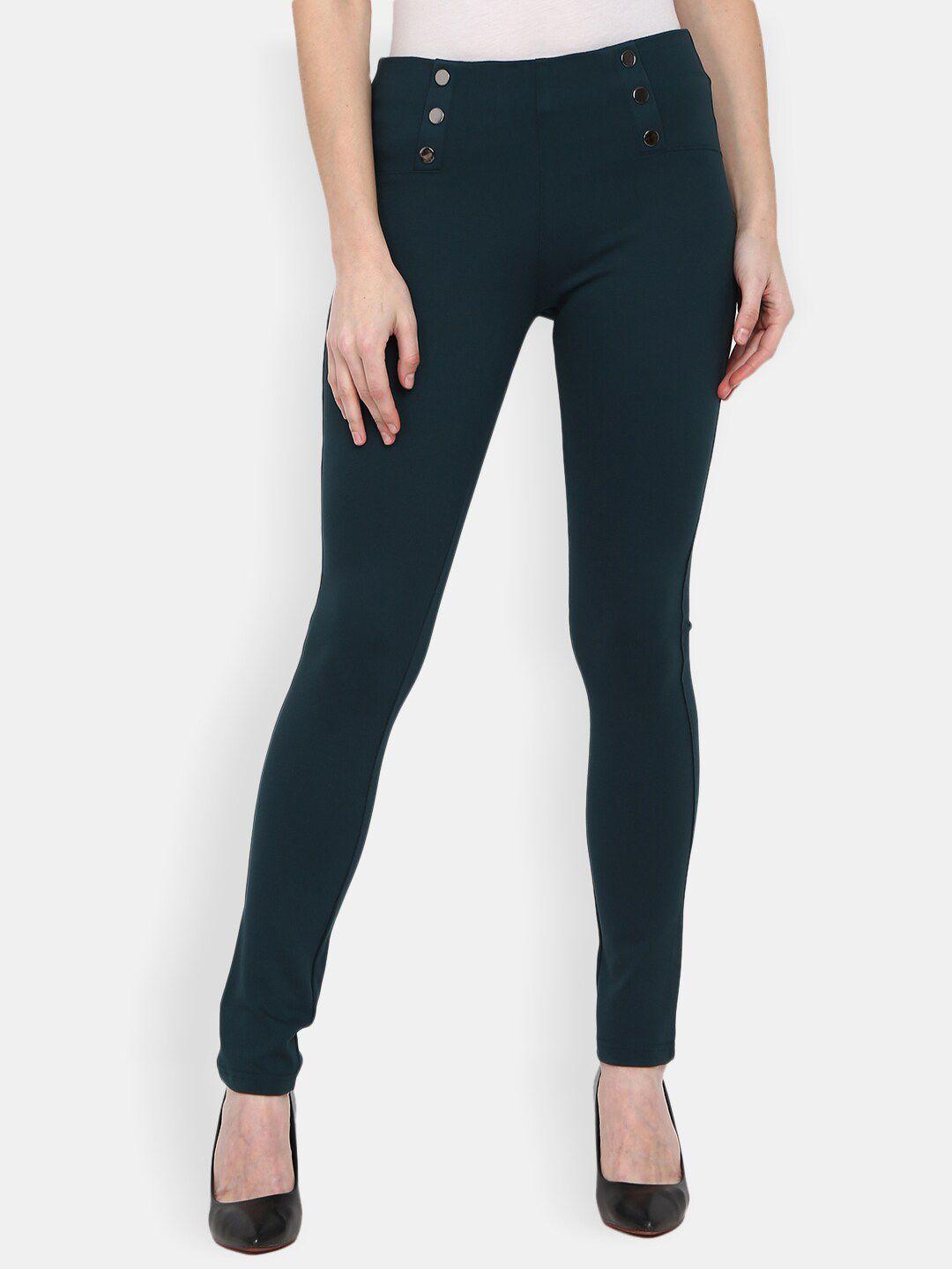 v-mart women green solid cotton jeggings