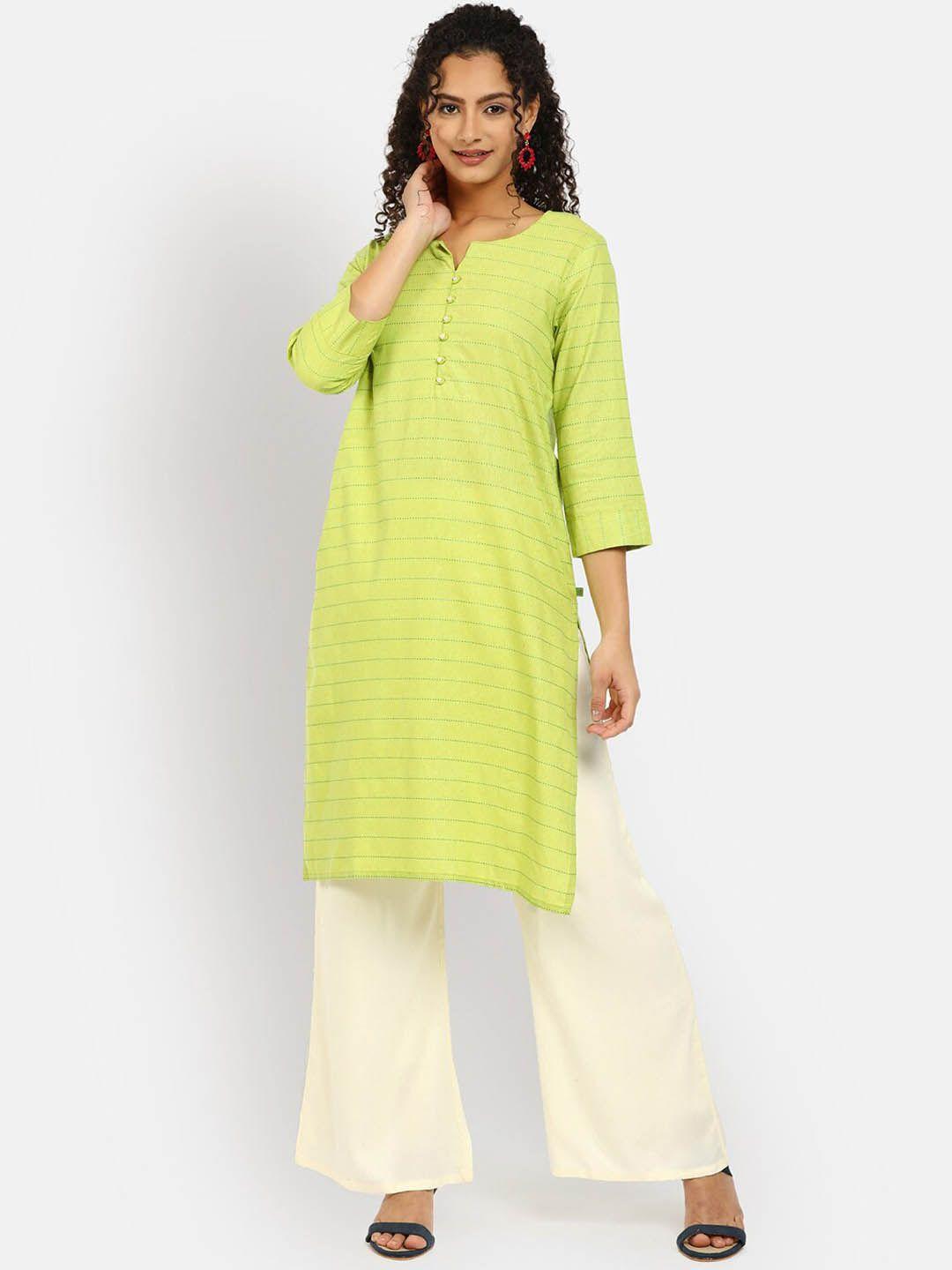 v-mart women green striped cotton round neck kurta