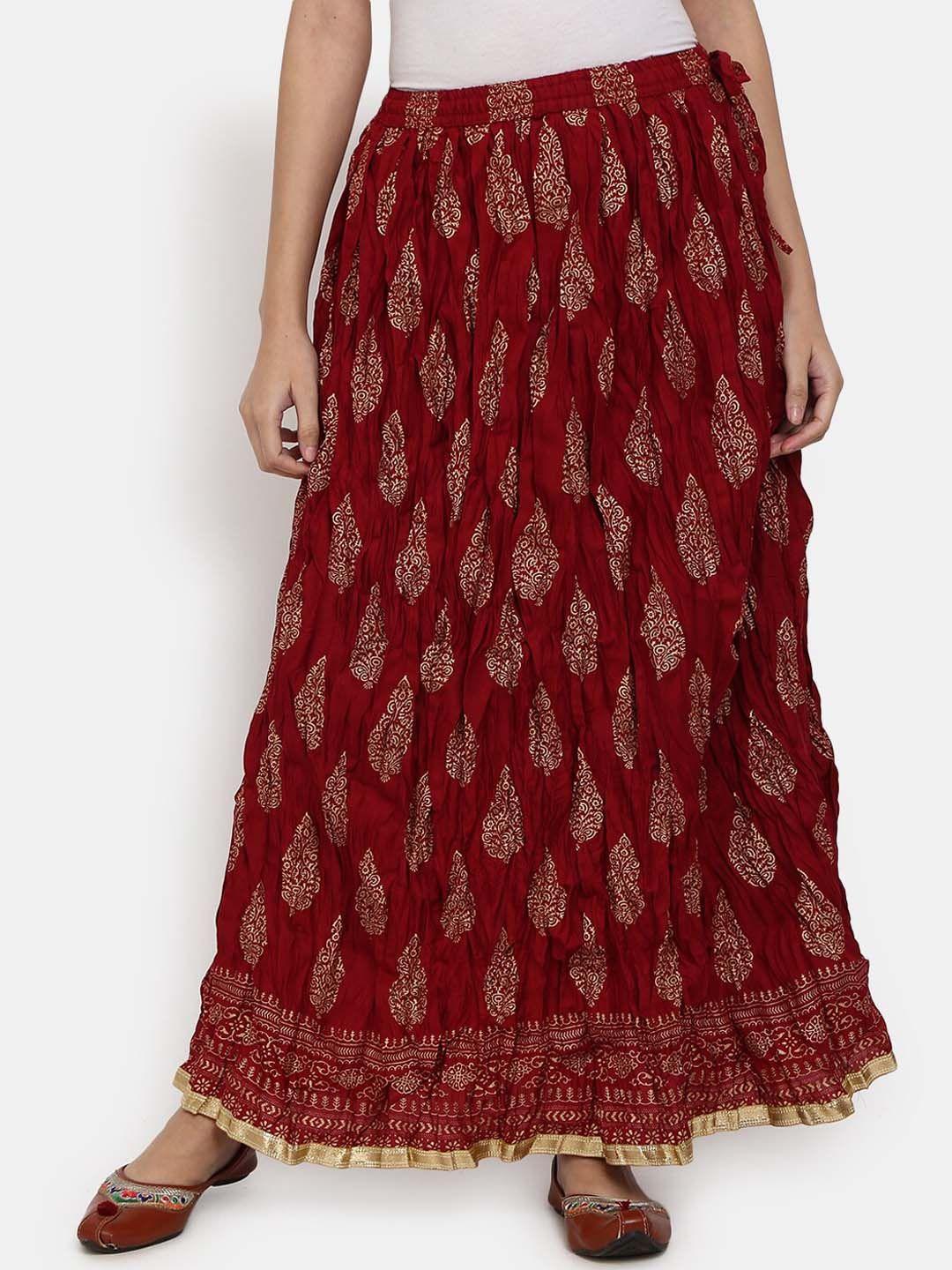 v-mart women maroon & gold toned ethnic printed flared maxi skirt