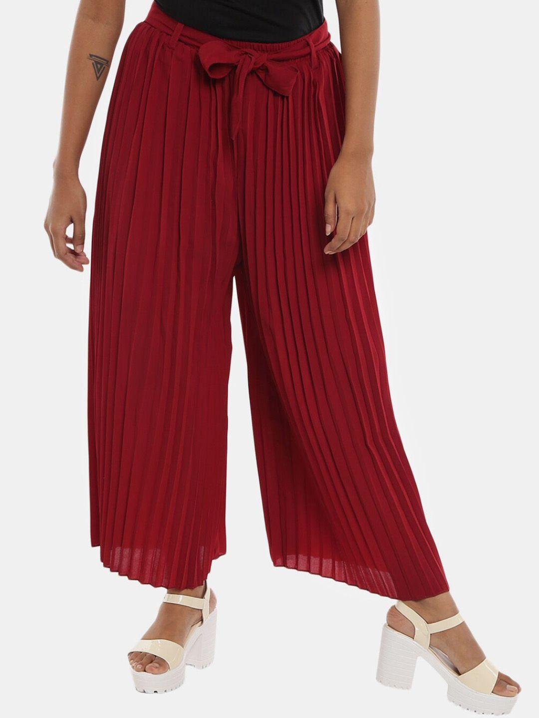 v-mart women maroon classic flared high-rise accordion pleated culottes trousers