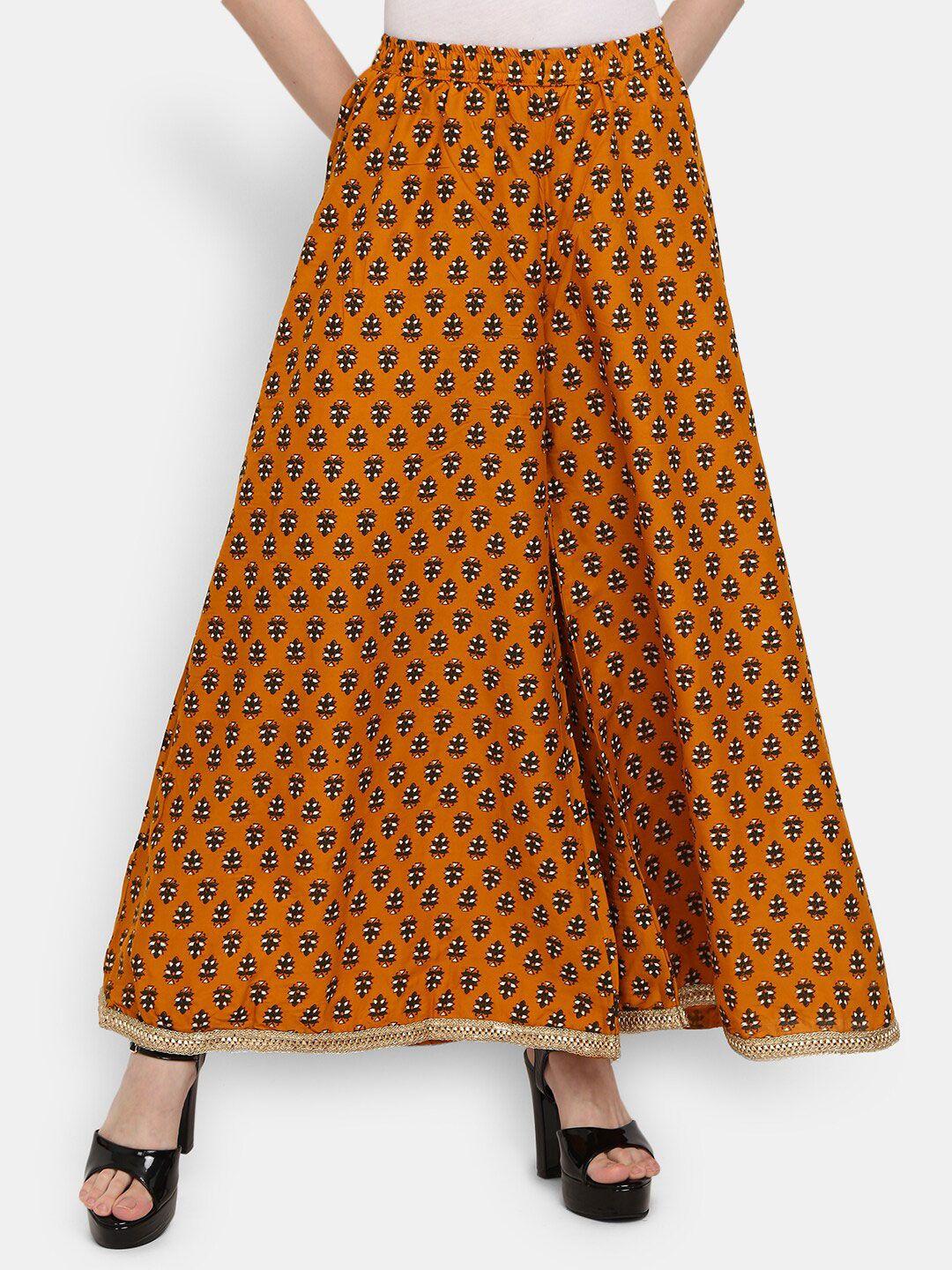 v-mart women mustard yellow & black ethnic motifs printed flared ethnic palazzos