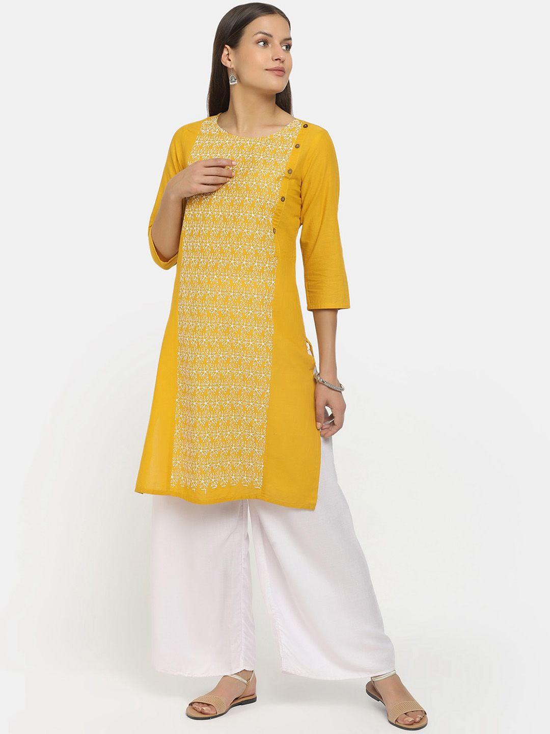 v-mart women mustard yellow ethnic motifs embroidered thread work kurta