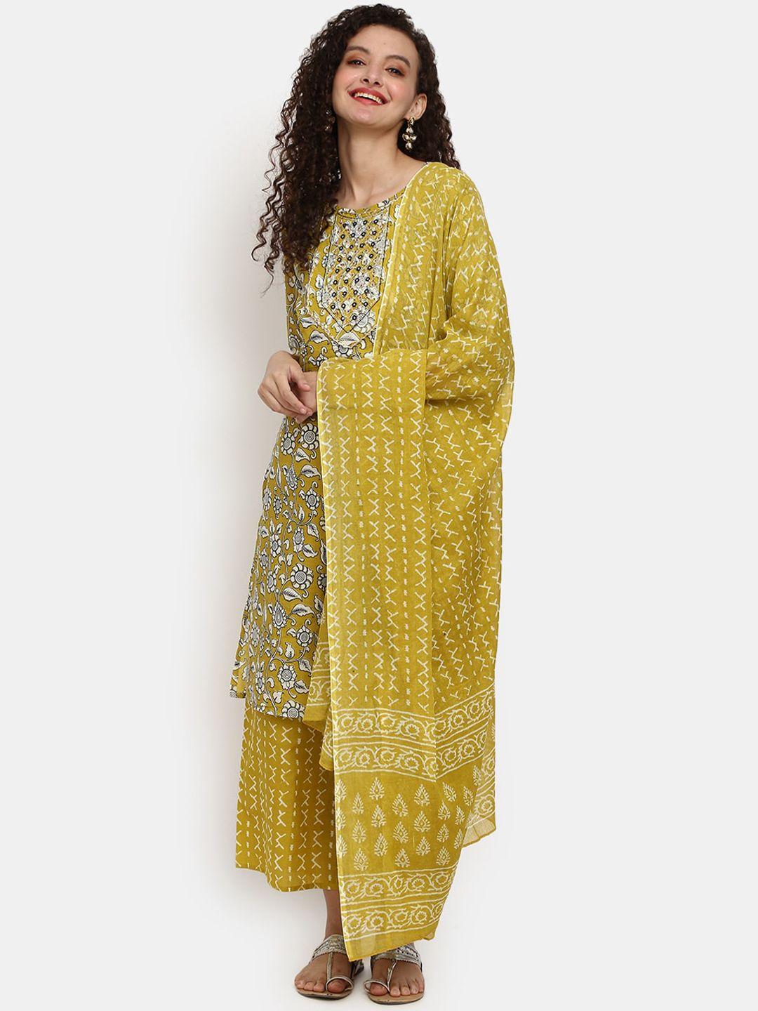 v-mart women mustard yellow floral printed kurta with palazzos & with dupatta