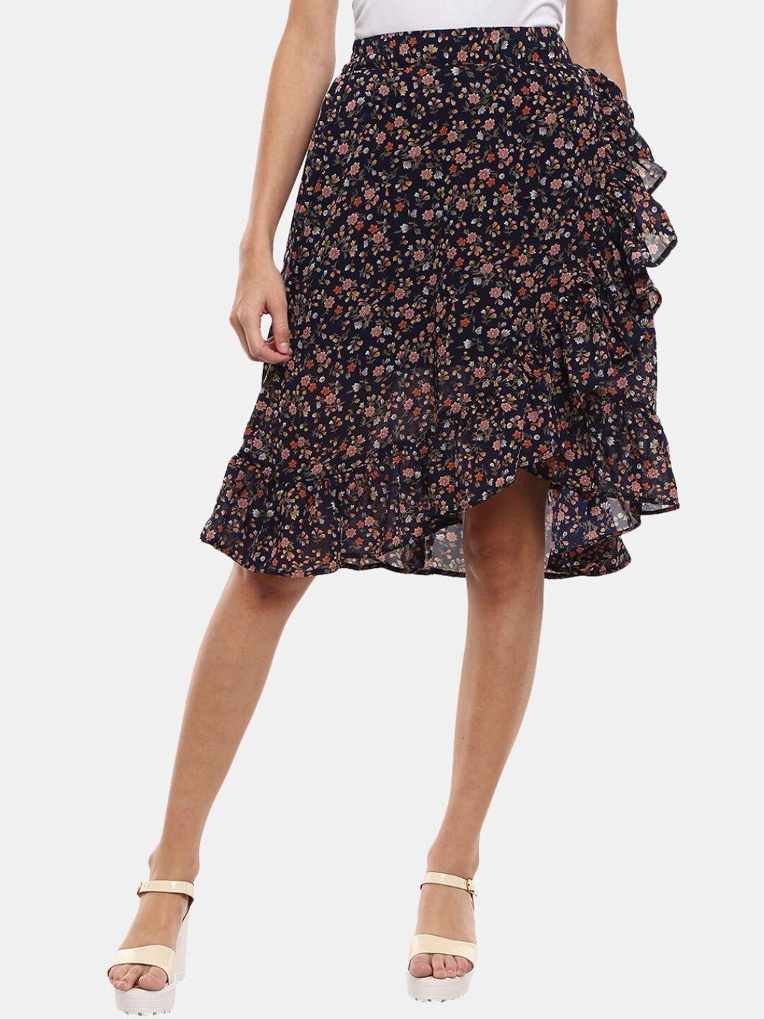 v-mart women navy blue floral printed georgette skirts