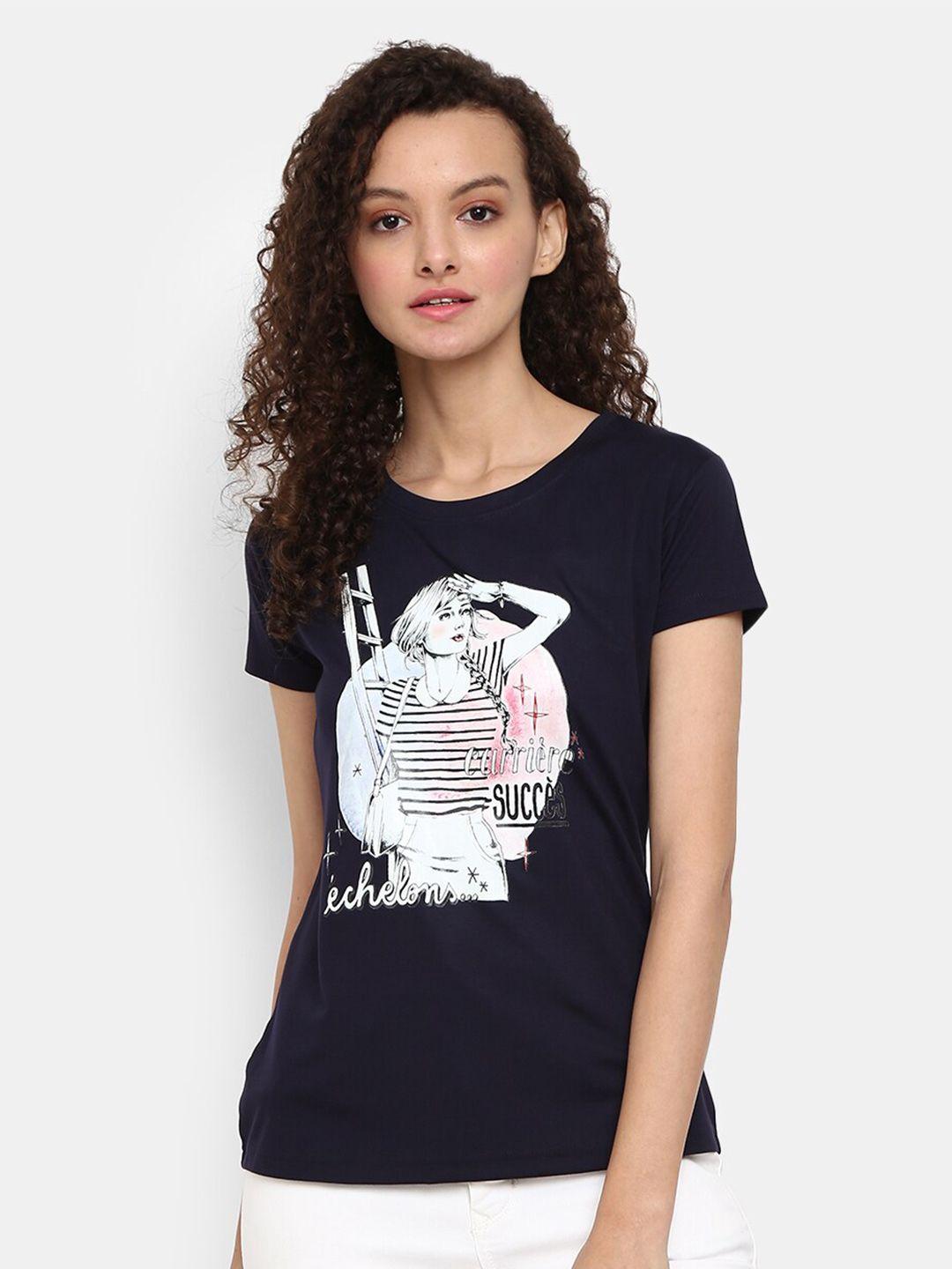 v-mart women navy blue printed cotton round neck t-shirt