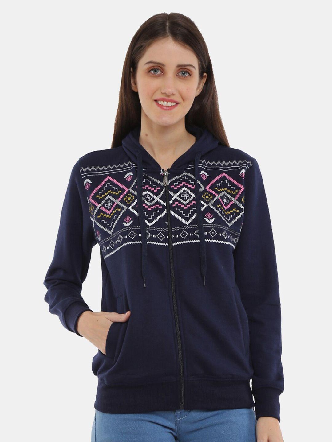 v-mart women navy blue printed hooded cotton sweatshirt
