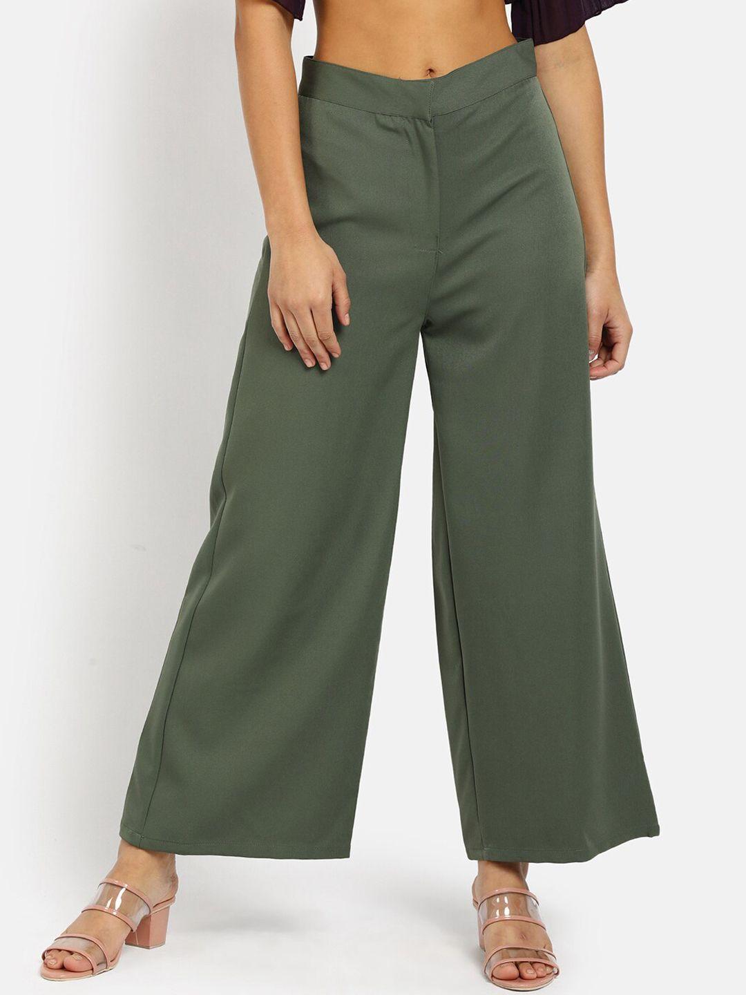 v-mart women olive green solid classic trousers