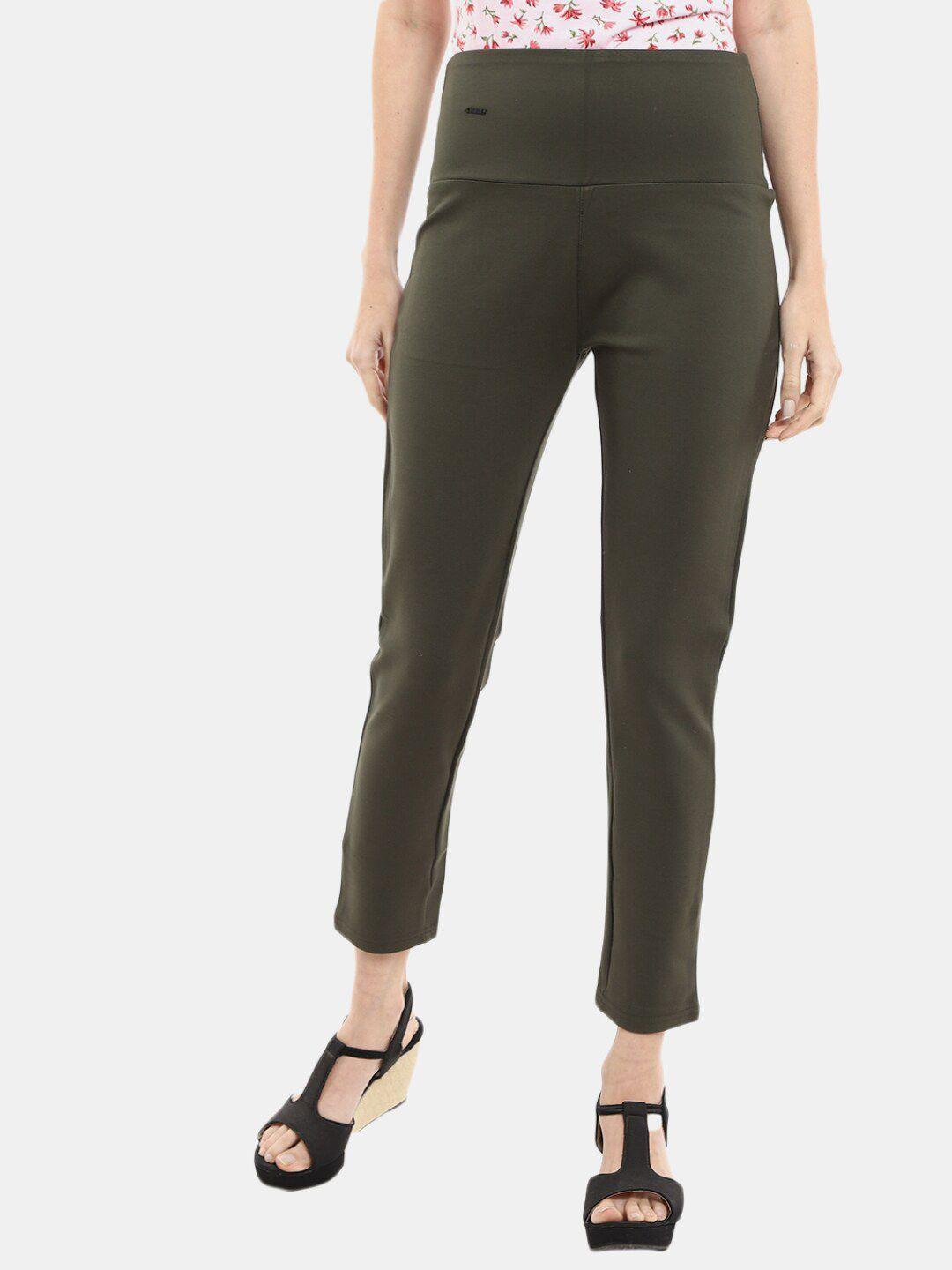 v-mart women olive-green solid cotton jeggings