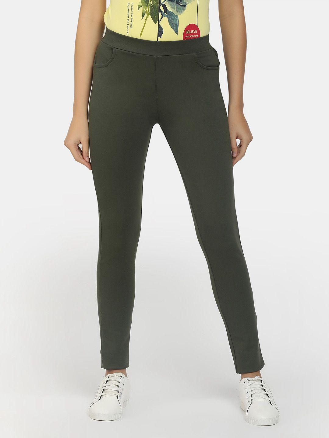 v-mart women olive solid cotton jeggings