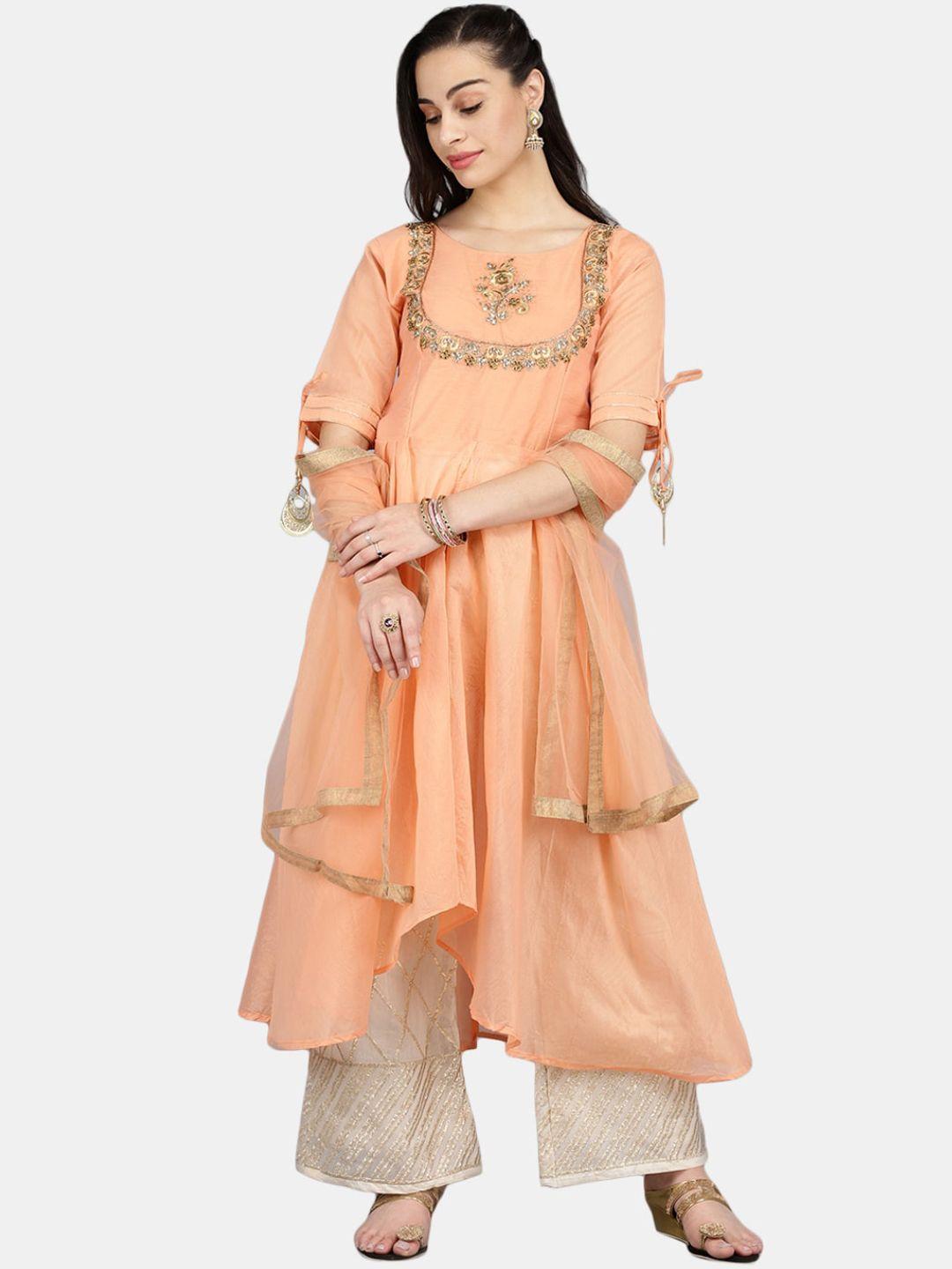 v-mart women peach-coloured floral embroidered thread work kurta with palazzos & with dupatta