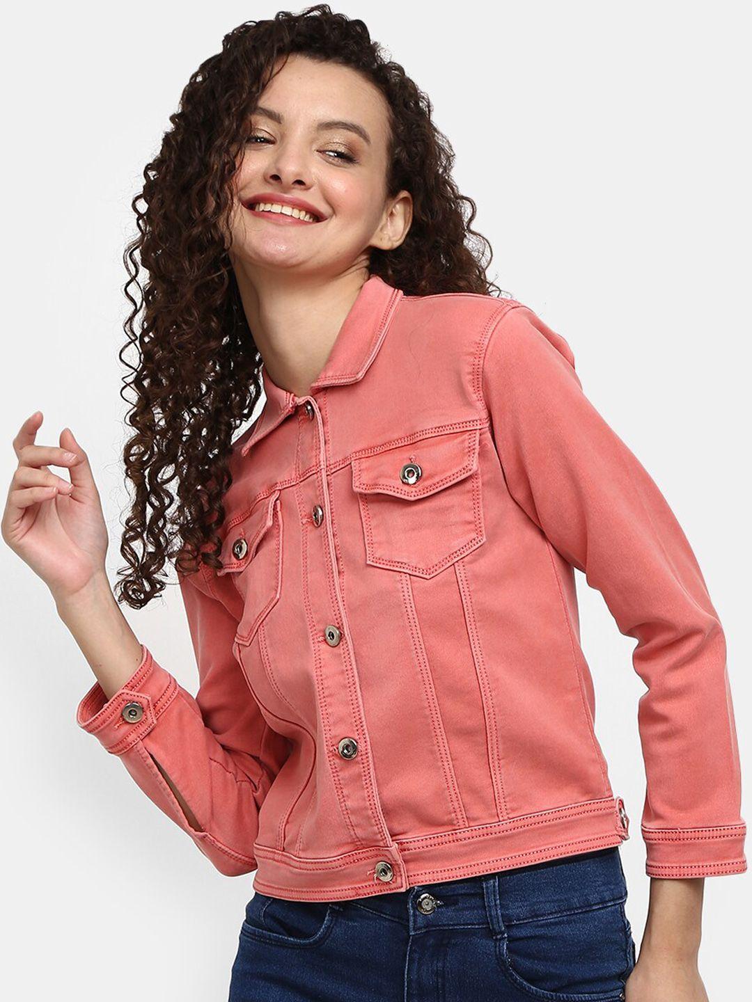 v-mart women peach-coloured lightweight crop denim jacket