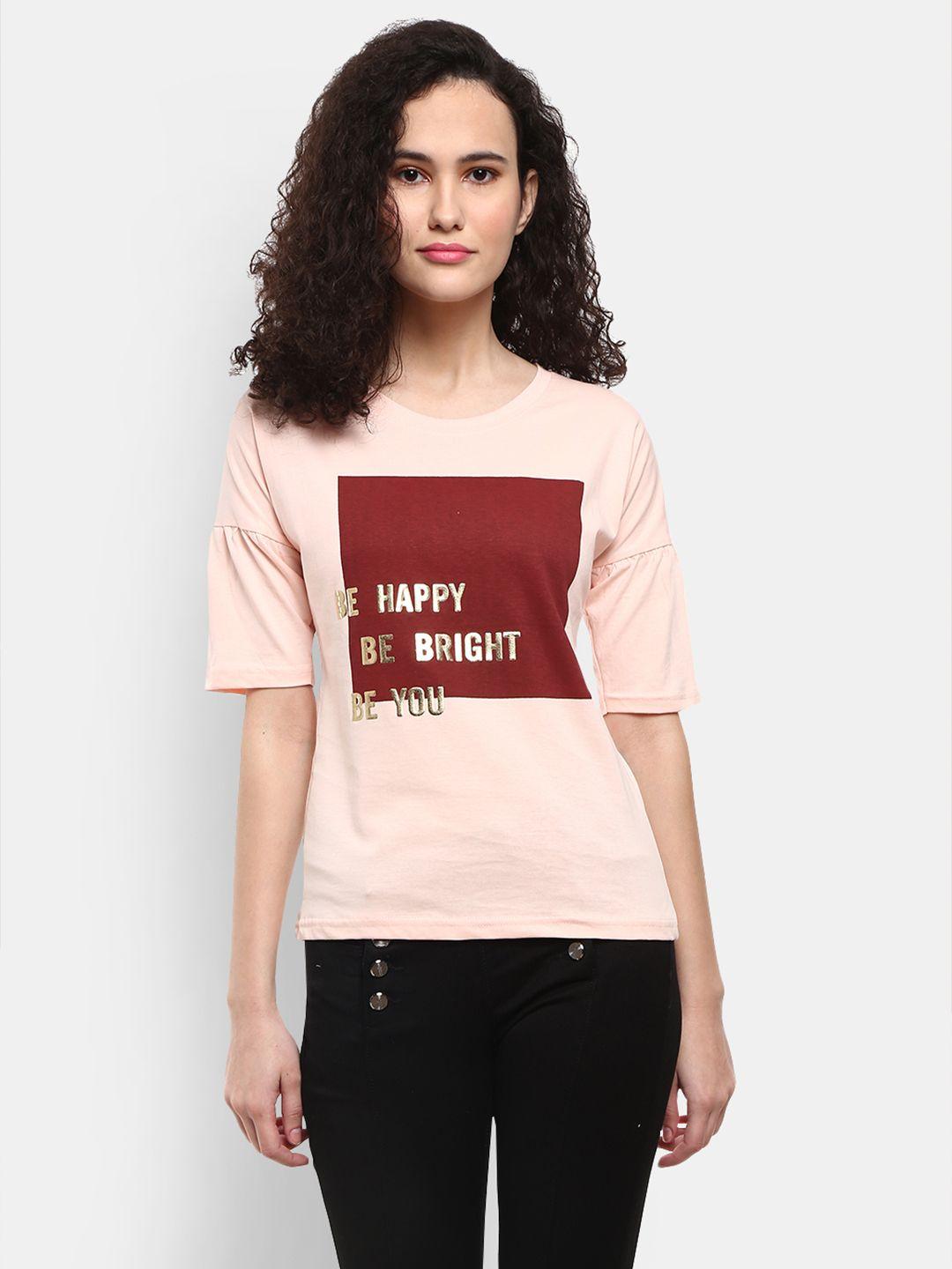 v-mart women peach-coloured typography printed extended sleeves t-shirt