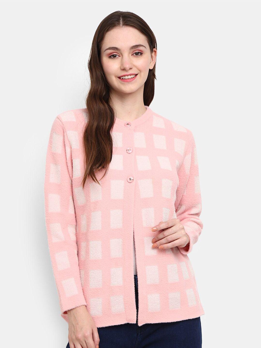 v-mart women pink & white round neck long sleeves fleece cardigan