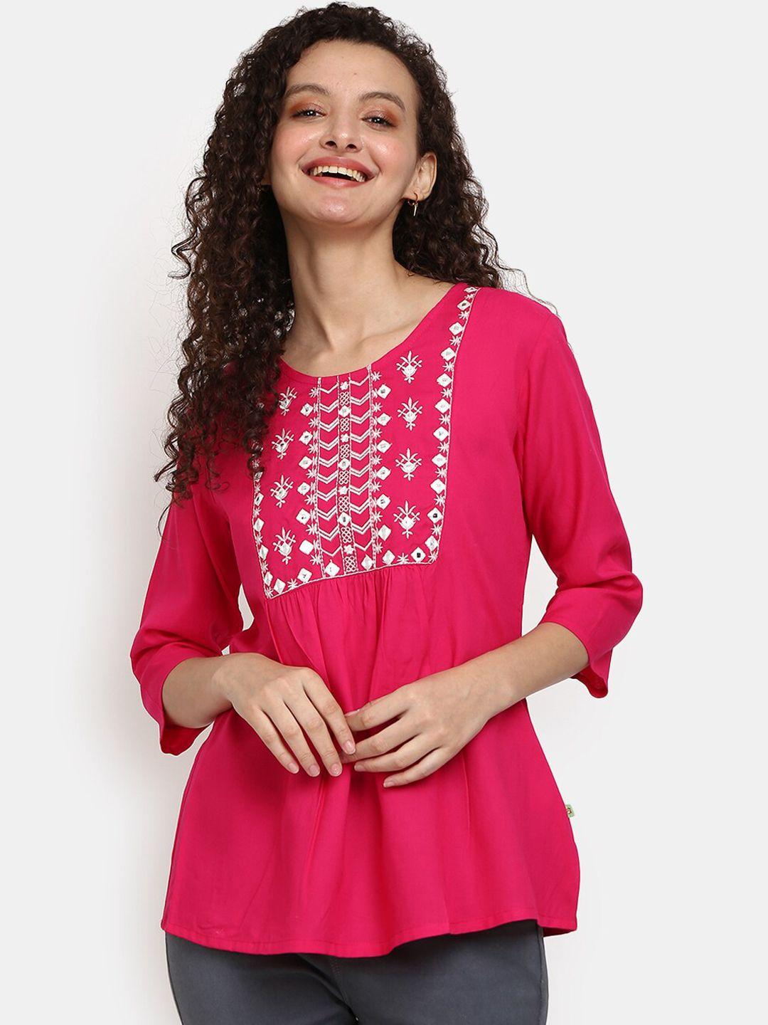 v-mart women pink embroidered poly cotton round neck top