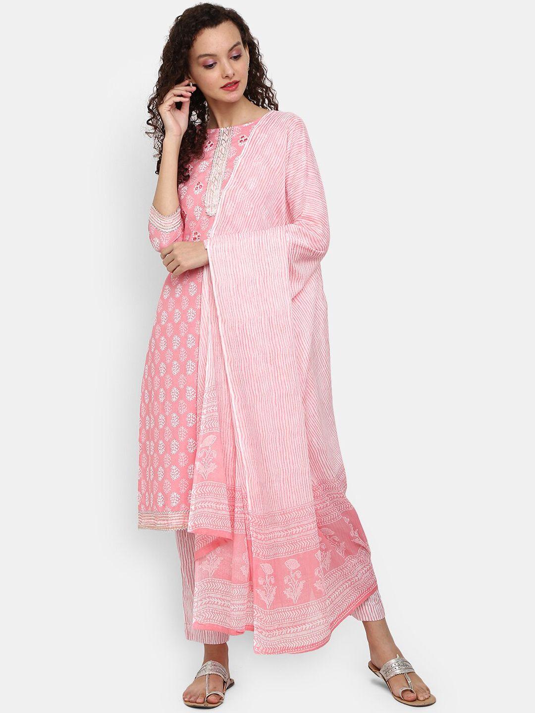 v-mart women pink floral printed kurta with trousers & with dupatta