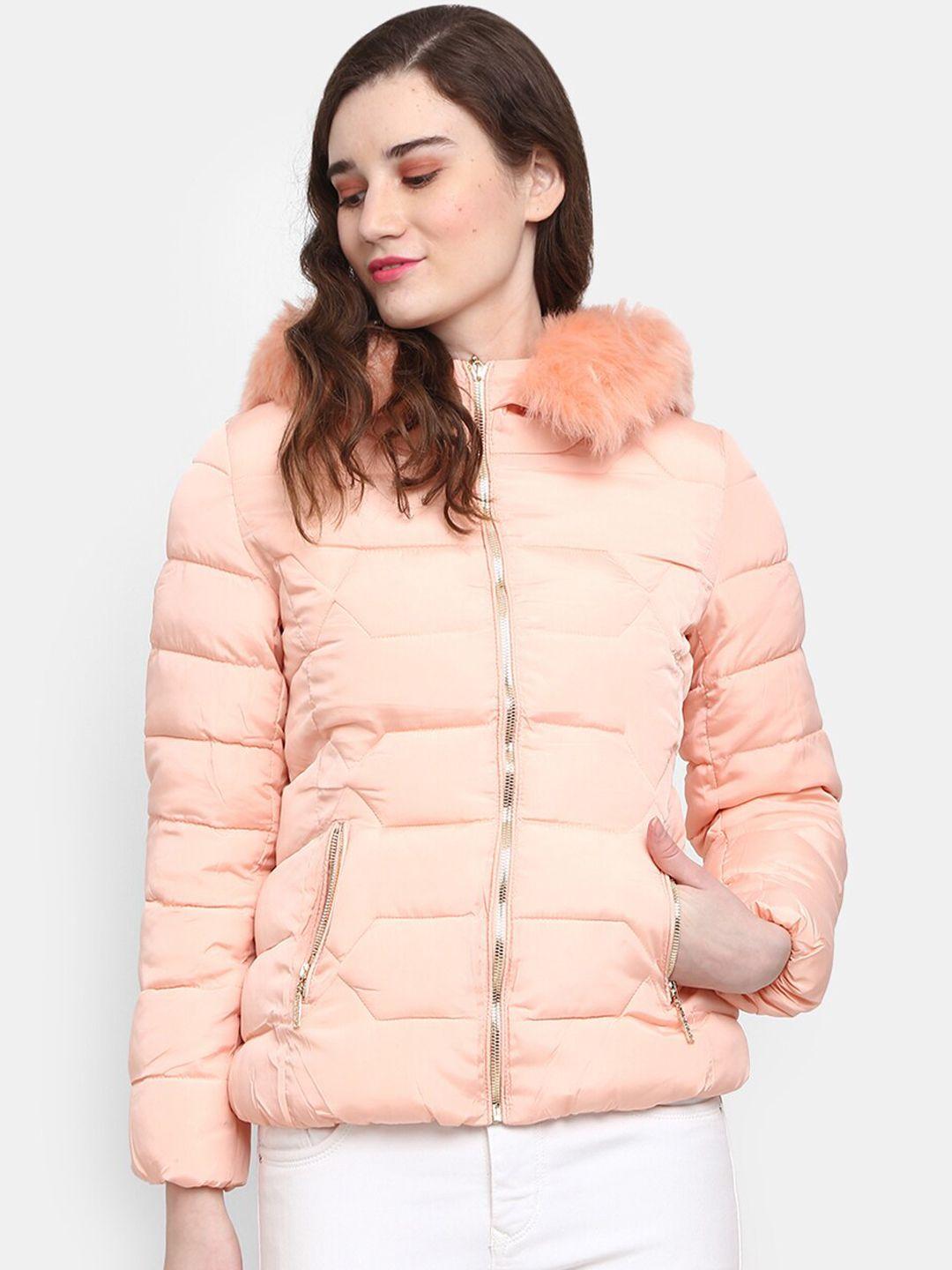 v-mart women pink lightweight hooded outdoor puffer jacket