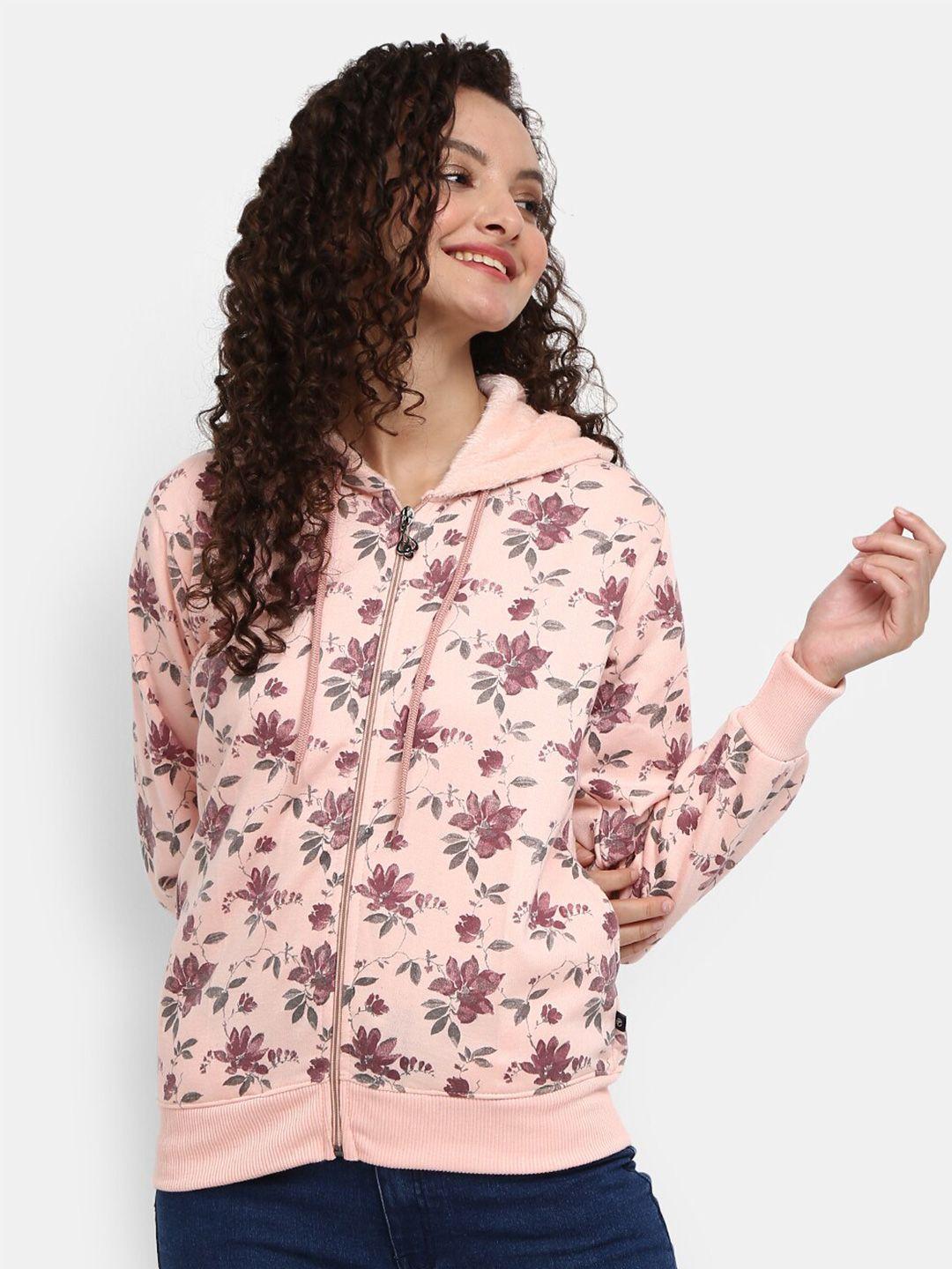 v-mart women pink printed hooded woolen sweatshirt