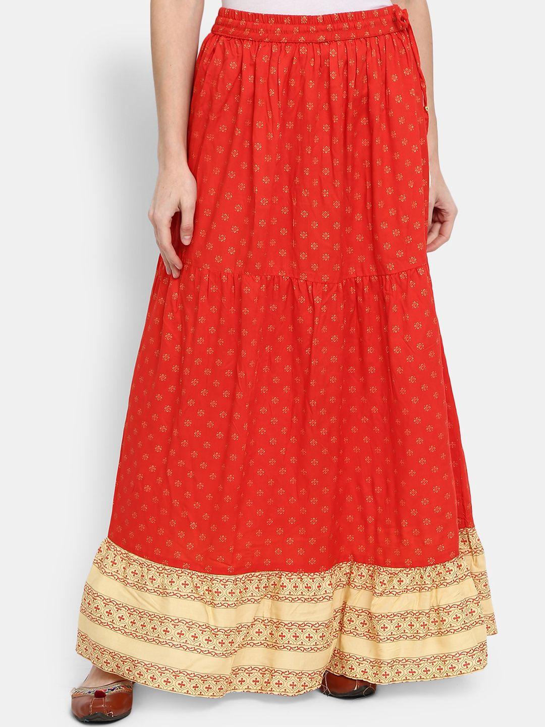 v-mart women red & beige colored ethnic printed a- line maxi flared skirts